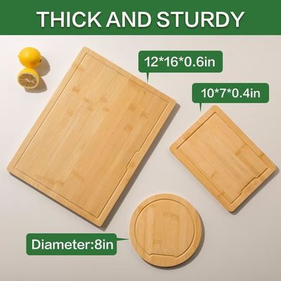 Ensemble de 3 planches à couper en bois avec rainures de jus et poignées latérales de différentes formes