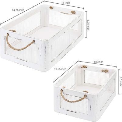 Boîte de rangement en bois blanc vintage multifonctionnelle avec poignées et panneaux latéraux en fil de maille