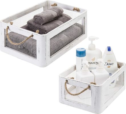 Boîte de rangement en bois blanc vintage multifonctionnelle avec poignées et panneaux latéraux en fil de maille