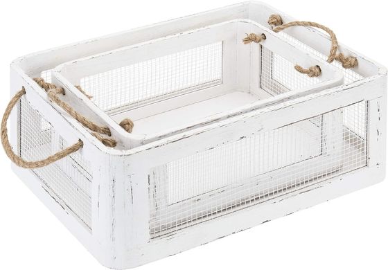 Boîte de rangement en bois blanc vintage multifonctionnelle avec poignées et panneaux latéraux en fil de maille