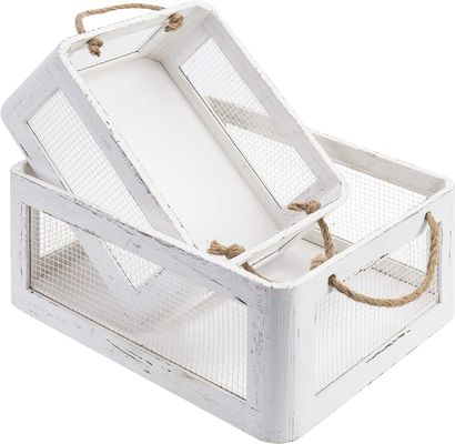 Boîte de rangement en bois blanc vintage multifonctionnelle avec poignées et panneaux latéraux en fil de maille