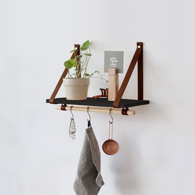 Comme vous le souhaitez 45X20 Noir Pu Marron cuir courroie murale étagère flottante étagère en bois moderne