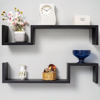 Design en forme de S Décor noir Étagères flottantes en bois Étagères murales pour chambre
