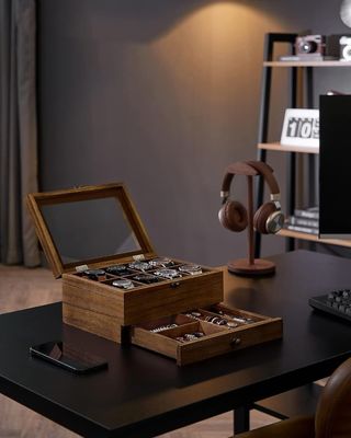 Boîte à montres en bois de noyer rustique à 8 fentes à la main à 2 niveaux avec grand couvercle en verre