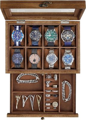Boîte à montres en bois de noyer rustique à 8 fentes à la main à 2 niveaux avec grand couvercle en verre