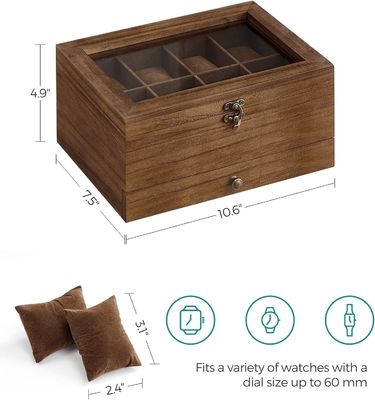 Boîte à montres en bois de noyer rustique à 8 fentes à la main à 2 niveaux avec grand couvercle en verre