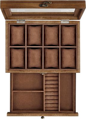 Boîte à montres en bois de noyer rustique à 8 fentes à la main à 2 niveaux avec grand couvercle en verre