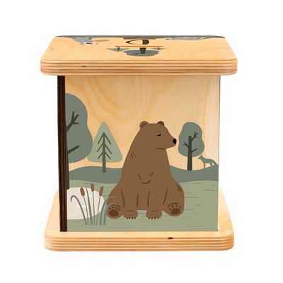 Banque de cochons en bois en couleur claire avec un design personnalisable d'animaux de forêt