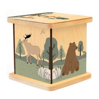 Banque de cochons en bois en couleur claire avec un design personnalisable d'animaux de forêt