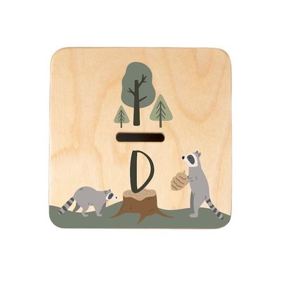Banque de cochons en bois en couleur claire avec un design personnalisable d'animaux de forêt