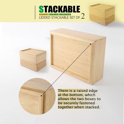 Package cadeau ensemble de 2 10.2X7.3 pouces empilable tiroir en bambou organisateur boîte de rangement stratifiée plateau