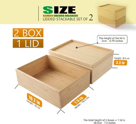 Package cadeau ensemble de 2 10.2X7.3 pouces empilable tiroir en bambou organisateur boîte de rangement stratifiée plateau