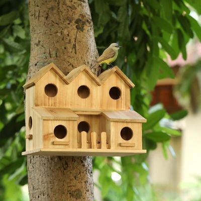 Maison d'oiseaux en bois faite à la main avec 8 trous couvercle coulissant style couleur bois de bouleau inachevé