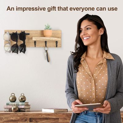 Serre-clés en bois multifonctionnel avec étagère et crochets