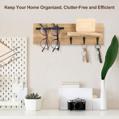 Serre-clés en bois multifonctionnel avec étagère et crochets