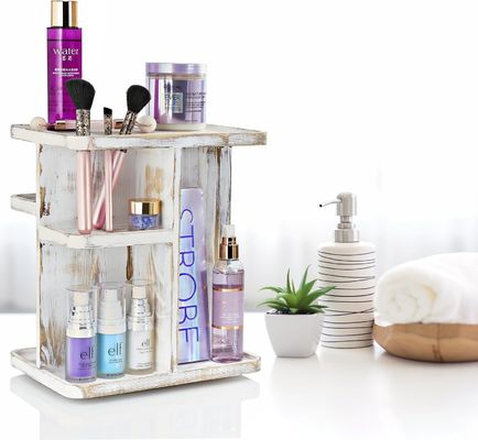 Organiseur de maquillage rotatif de carrousel pour les cosmétiques et les soins de la peau en bois blanc rustique sur mesure