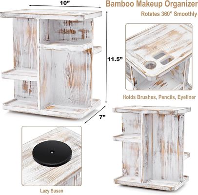 Organiseur de maquillage rotatif de carrousel pour les cosmétiques et les soins de la peau en bois blanc rustique sur mesure