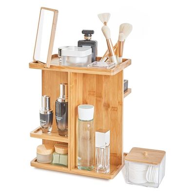 Organisateur de maquillage et stockage de soins de la peau en bois de bambou sculpté pour une vanité sans encombrement