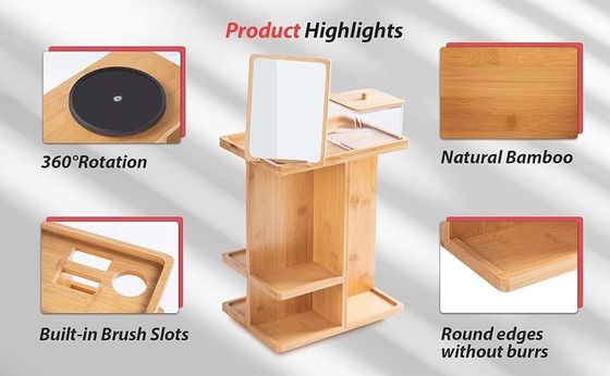 Organisateur de maquillage et stockage de soins de la peau en bois de bambou sculpté pour une vanité sans encombrement