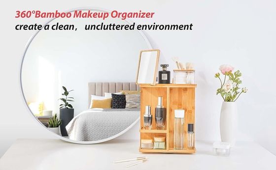 Organisateur de maquillage et stockage de soins de la peau en bois de bambou sculpté pour une vanité sans encombrement