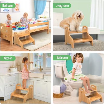 202406 Tour d'apprentissage en bambou Tabouret en bois à 2 étages avec sécurité supplémentaire Tapis antidérapants et poignées renforcés pour l'artisanat cadeau