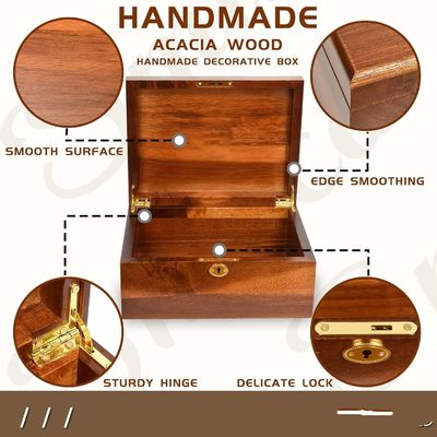 Boîte de rangement en bois d'acacia solide faite à la main avec un couvercle à charnière idéale pour l'emballage de cadeaux