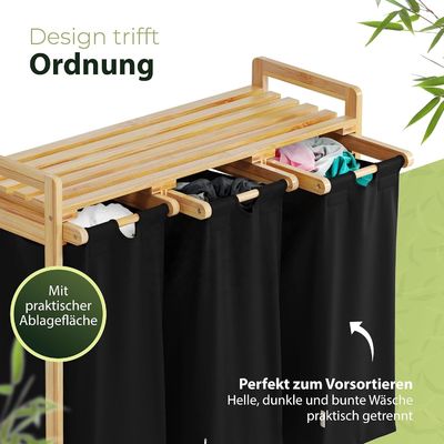 24x13x22cm panier à linge en bambou fait à la main avec deux sacs coulissants amovibles