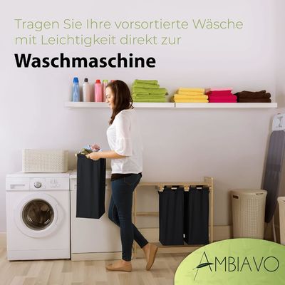 24x13x22cm panier à linge en bambou fait à la main avec deux sacs coulissants amovibles