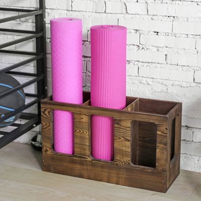 Monté sur le mur, support de tapis de yoga en bois massif brûlé, support de tapis de yoga, support de tapis de fitness, rangement de rouleaux en mousse, organisateur de sport, support de tapis d'exercice