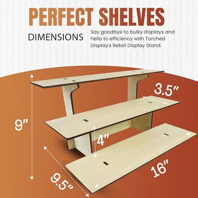 Tableau de vente au détail en bois droit à trois niveaux, avec étagères