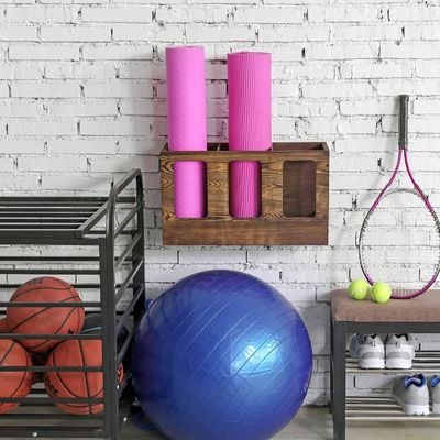 Monté sur le mur, support de tapis de yoga en bois massif brûlé, support de tapis de yoga, support de tapis de fitness, rangement de rouleaux en mousse, organisateur de sport, support de tapis d'exercice