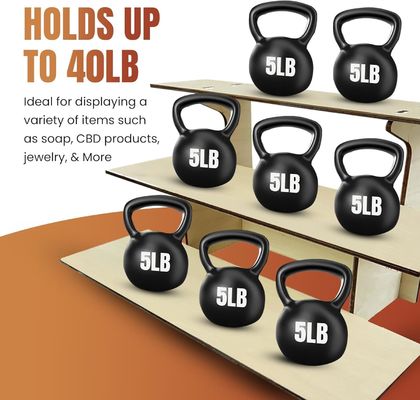 Tableau de vente au détail en bois droit à trois niveaux, avec étagères