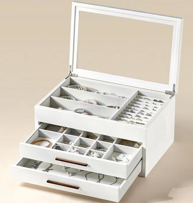 Boîte d'organisation de bijoux en bois à 3 couches personnalisée avec miroir et sérigraphie
