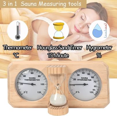 Thermomètre et hygromètre de sauna en bois de design moderne 3 en 1 avec chronomètre à sable de sablier de 15 minutes