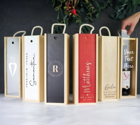Boîte à vin en bois faite à la main avec gravure laser personnalisée et couvercle coulissant personnalisé
