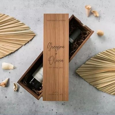 Boîte à vin de pin imprimée en écran de soie Champagne pour fiançailles et mariages 35x11x11cm