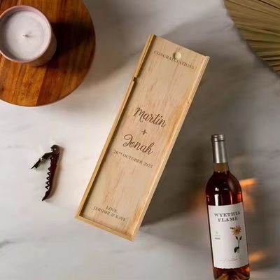 Boîte à vin de pin imprimée en écran de soie Champagne pour fiançailles et mariages 35x11x11cm