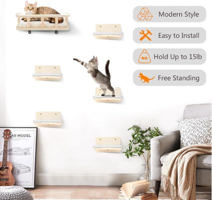Hammock de chat en bois avec 5 marches Perches pour le mur Cat Mobilier murale Impression brûlé