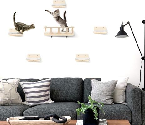 Hammock de chat en bois avec 5 marches Perches pour le mur Cat Mobilier murale Impression brûlé