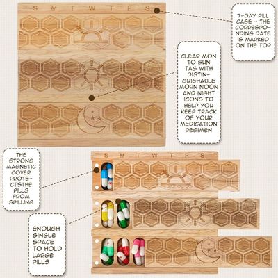 Compact en bois organisateur de pilules hebdomadaire porte-pilule distributeur quotidien distributeur de pilules triateur de pilules récipients