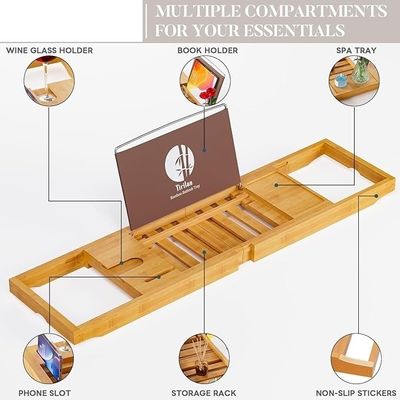 Caddy de plateau de baignoire en bois élargi avec porte-livre et porte-téléphone Logo personnalisé acceptable