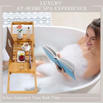 Caddy de plateau de baignoire en bois élargi avec porte-livre et porte-téléphone Logo personnalisé acceptable