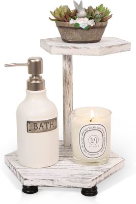 Display en bois hexagonal à 2 niveaux, plateau de ferme blanc pour cuisine et salle de bain