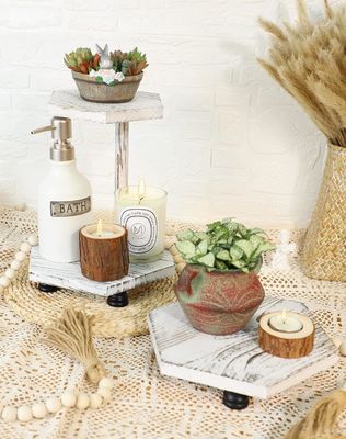 Display en bois hexagonal à 2 niveaux, plateau de ferme blanc pour cuisine et salle de bain