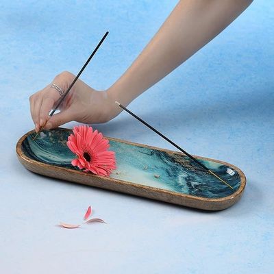 Porteur d'encens en bois rectangulaire pour bâtons cadeau industriel artisanat bois de mangue bleu