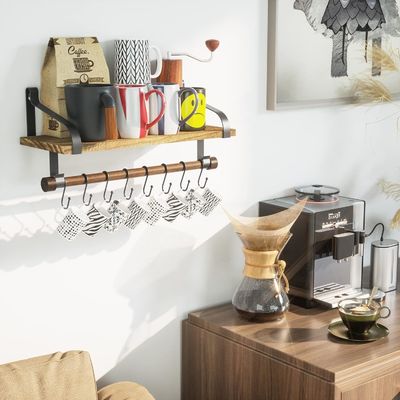 Bois rustique 8 Crochets amovibles Étagères flottantes de mur Étagère à épices de cuisine avec barre à serviettes