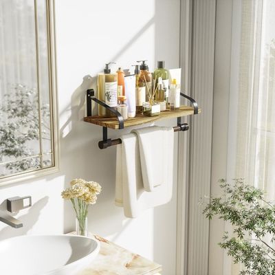 Bois rustique 8 Crochets amovibles Étagères flottantes de mur Étagère à épices de cuisine avec barre à serviettes