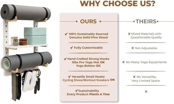Organiseur de tapis de yoga en bois pratique pour le montage murale de la salle de gym à domicile entièrement personnalisable