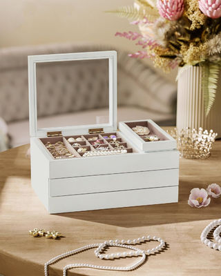 Boîte à bijoux en bois à couvercle transparent à 3 couches en forme de rectangle pour les besoins de stockage personnalisés