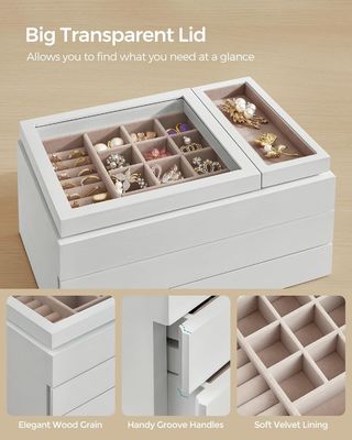 Boîte à bijoux en bois à couvercle transparent à 3 couches en forme de rectangle pour les besoins de stockage personnalisés